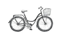 Vintage Road Bicycle Hand Drawn Illustration. Eco Transport Sketch Isolated On White Background