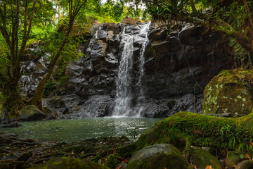  Waterfall landscape. Beautiful hidden waterfall in tropical rainforest. Nature background. Fast shutter speed. Sing Sing Angin waterfall, Bali, Indonesia