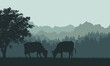 Illustration of a mountain landscape with hills, forest and silhouettes of grazing cows. Grass and pasture under the green sky, vector