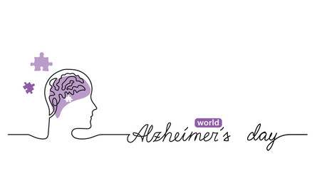 Wall Mural - Alzheimer s day simple background, web banner, poster with brain and puzzle. One continuous line drawing background with lettering Alzheimer s day.
