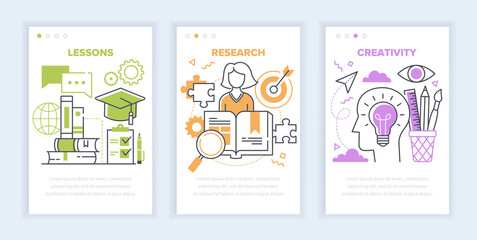 Poster - Web Education or e-learning concept showing three templates with Classes, Research and Creativity on a mobile device, colored vector illustration with copy space for text