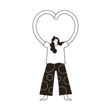 Black White Vector Illustration With Woman Showing Heart Shape By Hands. Inspirational Motivational Female Print Design, Peaceful Lifestyle And Self Love And Care Concept Art, Greeting Card Template