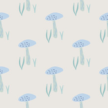 Autumn Seamless Mushroom Pattern. Light Grey Background With Blue Fungus Silhouettes.