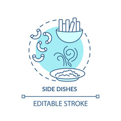 Side dishes concept icon. Main course meals addon types. Delicious cooking. Restaurant offers idea thin line illustration. Vector isolated outline RGB color drawing. Editable stroke