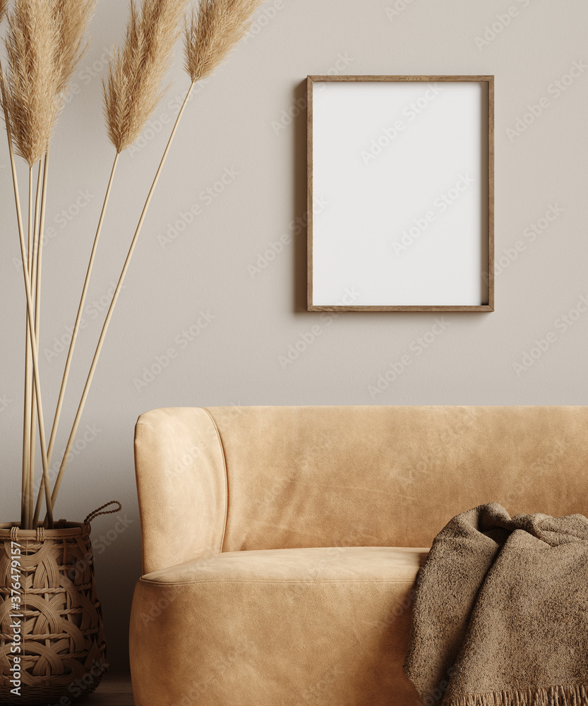 Mock up frame in home interior background, beige room with minimal decor - obrazy, fototapety, plakaty 
