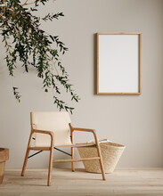 Mock Up Frame In Home Interior Background, Beige Room With Minimal Decor