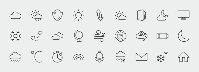 Poster - Set of Weather vector line icons. Contains symbols of the sun, clouds, snowflakes, wind, rainbow, moon and much more. Editable Stroke. 32x32 pixels.