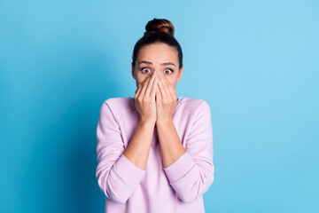 Sticker - Photo of astonished speechless voiceless girl close cover face hands impressed crazy incredible long wait want gift wear violet pullover isolated over blue color background