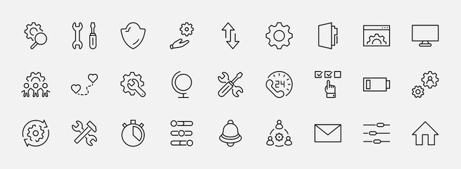 Set of Settings and Setup Vector Line Icons. Contains such Icons as Gear, Setting, Control, Iinstall, Options, Service, and more. Editable Stroke. 32x32 Pixels.