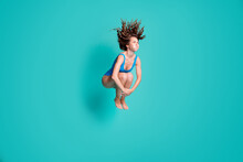 Photo Of Slim Thin Slender Girl Rest Relax Resort Jump Springboard Dive Water Pool Hold Breath Hands Legs Wear Blue Bodysuit Isolated Over Turquoise Color Background