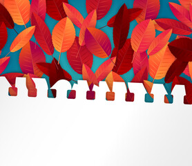 Wall Mural - Autumn leaves background. Fall banner template. Red and orange foliage on torn out sheet of paper. Thanksgiving season holiday concept. Realistic 3d vector illustration.