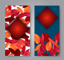 Wall Mural - Autumn leaves flyer background set. Fall banner template. Red and orange foliage. Thanksgiving season holiday concept. Realistic 3d vector illustration.