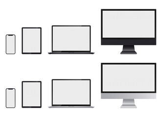 Poster - Realistic set of computer monitor, laptop, tablet and smartphone with transparent screens for infographics or presentation. Device collection mockup, electronic gadgets in silver and dark grey. Vector