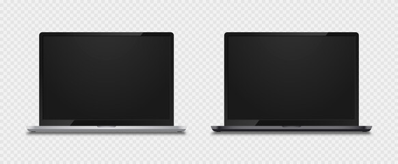 Poster - Realistic frameless laptops screen. Laptop computer monitor at transparent background. Device mockup set for infographics or presentation in silver and dark grey with shadow. Vector.