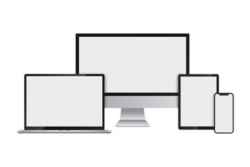 Poster - Realistic set of computer monitor, laptop, tablet and smartphone with transparent screens for infographics or presentation. Device collection mockup, electronic gadgets in silver color. Vector
