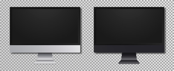 Poster - Realistic computer monitor screen. Computer display at transparent background. Device mockup set for infographics or presentation in silver and dark grey with shadow. Vector.