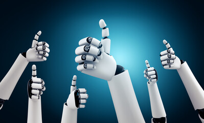 Poster - robot humanoid hands up to celebrate goals success achieved by using ai artificial intelligence thin