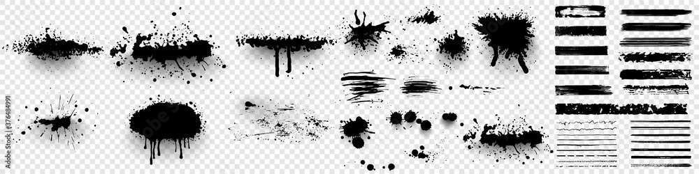 Ink splashes. Black inked splatter dirt stain splattered spray splash with drops blots isolated. Ink splashes stencil. High quality manually traced. Drops blots isolated. Vector illustration - obrazy, fototapety, plakaty 