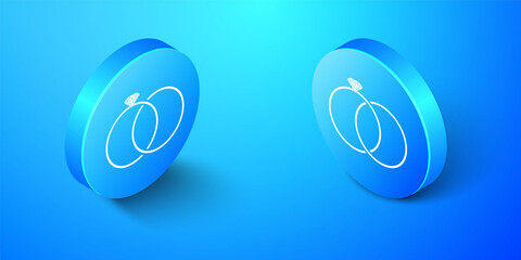 Wall Mural - Isometric Wedding rings icon isolated on blue background. Bride and groom jewelery sign. Marriage icon. Diamond ring. Blue circle button. Vector.