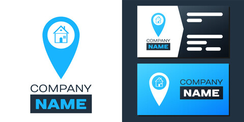 Poster - Logotype Map pointer with house icon isolated on white background. Home location marker symbol. Logo design template element. Vector.