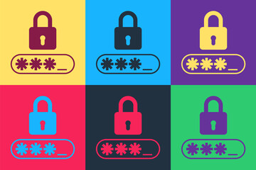 Poster - Pop art Password protection and safety access icon isolated on color background. Lock icon. Security, safety, protection, privacy concept. Vector.