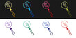 © mingirov - Set Magnifying glass with percent discount icon isolated on black and white background. Discount offers searching. Search for discount sale sign. Vector.