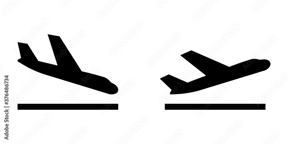 Arrivals and departure plane signs. Airport Sign. Simple icons, airplane landing and takeoff. Airport icons set: departures, arrivals. Vector illustration Aircraft or Airplane - obrazy, fototapety, plakaty 