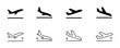 Arrivals and departure plane signs. Airport Sign. Simple icons, airplane landing and takeoff. Airport icons set: departures, arrivals. Vector illustration Aircraft or Airplane