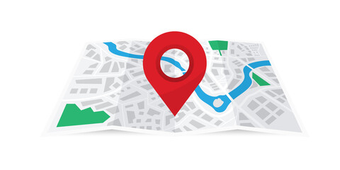 Folded paper city map with red pin. Map with navigation, geolocation. Finding the way concept. World map with point marker. Map Navigation. City map with GPS navigator