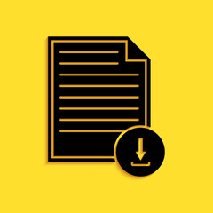 Poster - Black Document with download sign icon isolated on yellow background. File document symbol. Long shadow style. Vector.