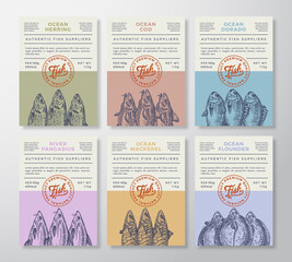 Wall Mural - seafood abstract vector packaging design or labels set. modern typography banners, hand drawn herrin
