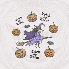 Wall Mural - trick or treat halloween vector background or card template. hand drawn witch on a broom and pumpkin