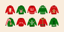 Christmas Ugly Sweaters Set. Cute Sweater Doodles. Isolated. Vector