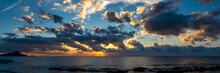 Amazing Panorama Of Sunrise Or Sunset Above The Seashore And Horizon