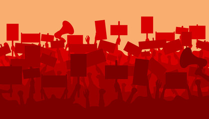 Silhouette of cheering or riot protesting crowd with banners. Protest, revolution, conflict. Flat vector illustration.