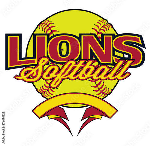Lions Softball Design With Banner and Ball is a team design template that includes a softball graphic, overlaying text and a blank banner with space for your own information. Great for advertising.