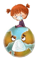 Little girl with planet earth and mask