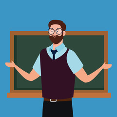 Poster - man teacher with chalkboard on blue background vector illustration design