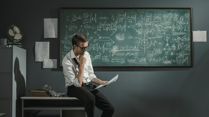Young researcher studying mathematics in his office