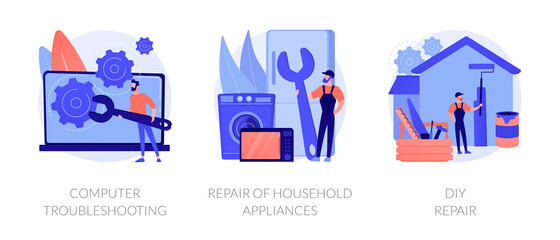 Repair and maintenance services abstract concept vector illustration set. Computer troubleshooting, DIY repair of household appliances, warranty, video tutorial, problem fix abstract metaphor.