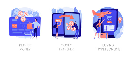 Sticker - Electronic transactions abstract concept vector illustration set. Plastic money, money transfer, buying tickets online, credit and debit card, online cashback service, shopping abstract metaphor.