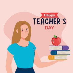 Poster - happy teachers day, woman teacher with books and apple vector illustration design