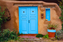 Blue Door Of Adobe House In New Mexico Southwest USA