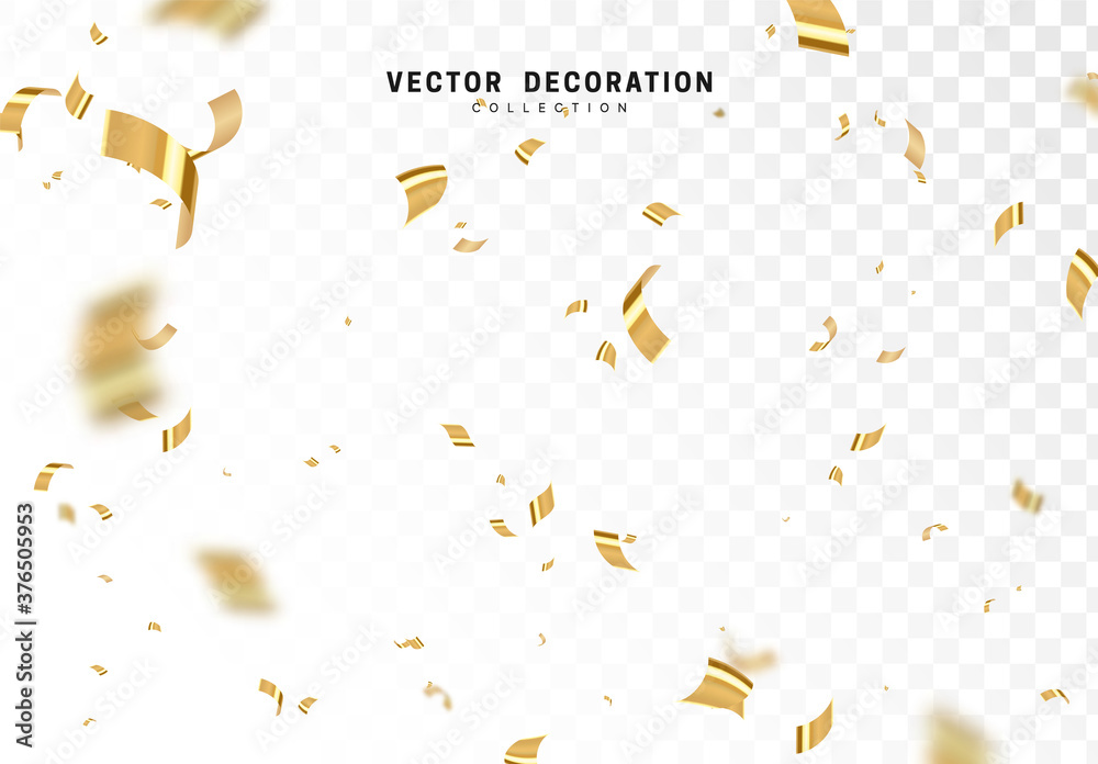 Falling shiny golden confetti isolated on transparent background. Bright festive tinsel of gold color. - obrazy, fototapety, plakaty 