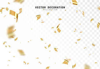 Wall Mural - Falling shiny golden confetti isolated on transparent background. Bright festive tinsel of gold color.
