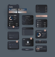 User interface design elements, widgets for online banking mobile application with charts, cards, account transactions, buttons and icons, dark colour scheme