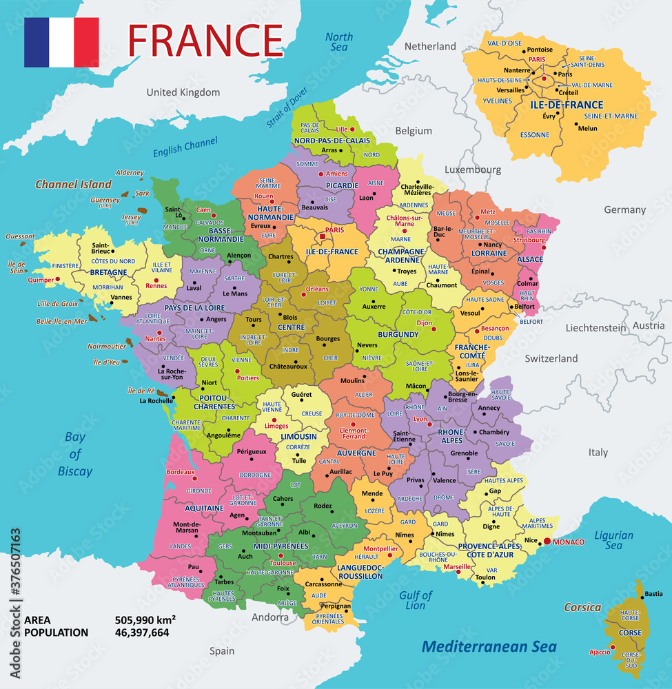 Vector Map of France with detailed Administrative divisions and borders ...