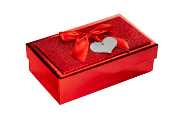 red gift box with bow and heart isolate on white background. surprise for the new year, birthday, Valentine's day or women's day