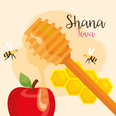 Wall Mural - rosh hashanah celebration, jewish new year, with honey, bees flying and apple vector illustration design