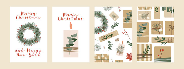 set of different christmas cards, invitation. presents in kraft paper and wreaths. rustic gift box. 